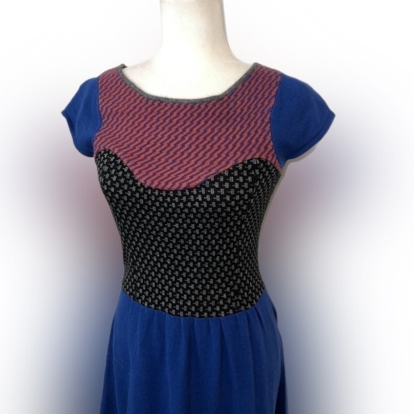 Anthropologie Sparrow Cashmere Blend Dress Blue/ Orange/ Gray Fit & Flare  XS - Picture 2 of 11